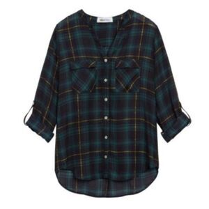 aliceblue x Stitch Fix L Green Black Gold Plaid Button Down Long Sleeve Blouse